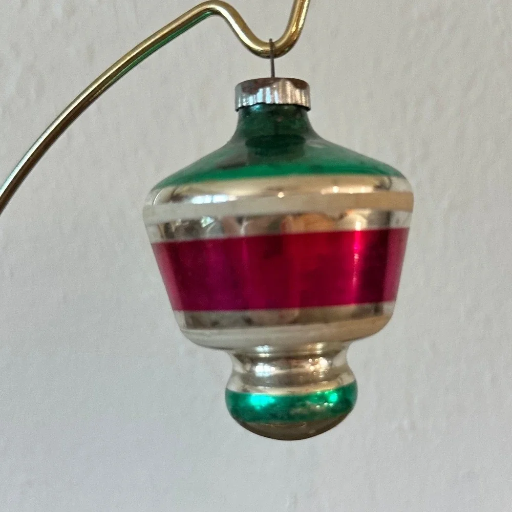 Vintage Shiny Brite UFO Tornado Lantern Glass Christmas Ornament Pink Green
